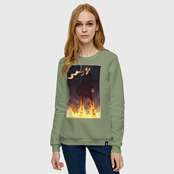 Свитшот хлопковый женский Ван-Пис Санджи огненная нога, цвет: авокадо — фото 2