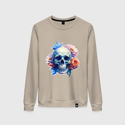 Свитшот хлопковый женский Акварельный череп в цветах, цвет: миндальный