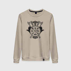 Свитшот хлопковый женский Боевые вороны и топоры с символом вегвизир на щите, цвет: миндальный