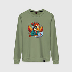 Свитшот хлопковый женский Орел в костюме сидит за ноутбуком, цвет: авокадо
