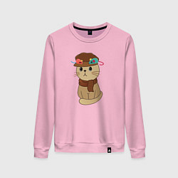 Свитшот хлопковый женский Милый котик в кепке и с шарфиком - художник, цвет: светло-розовый