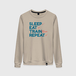 Свитшот хлопковый женский Eat sleep train repeat - blue and red, цвет: миндальный