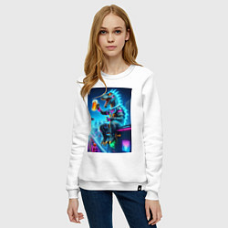 Свитшот хлопковый женский Чувак Дино сидит на крыше небоскрёба с кружкой пив, цвет: белый — фото 2
