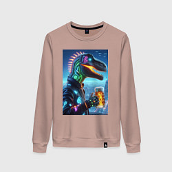 Свитшот хлопковый женский Крутой неоновый пивозавр в мегаполисе - киберпанк, цвет: пыльно-розовый