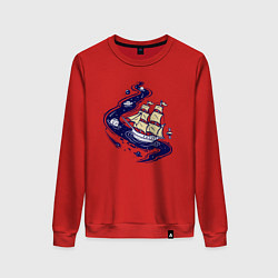 Свитшот хлопковый женский Парусник в космосе, цвет: красный