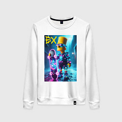 Свитшот хлопковый женский Скейтбордист Барт Симпсон в ночном городе под дожд, цвет: белый