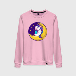 Свитшот хлопковый женский Единорог читает на луне, цвет: светло-розовый
