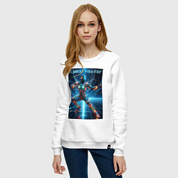 Свитшот хлопковый женский Кибер боец - неоновое свечение, цвет: белый — фото 2