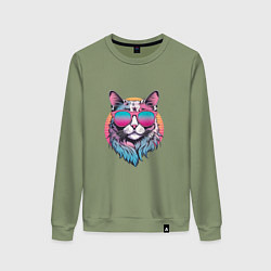 Свитшот хлопковый женский Ретро кот в розовых солнечных очках Vaporwave, цвет: авокадо