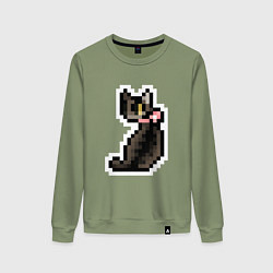 Свитшот хлопковый женский Милая пиксельная кошка с розовым ошейником, цвет: авокадо