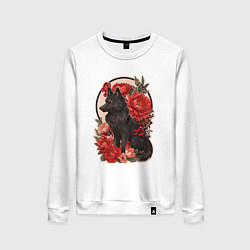 Свитшот хлопковый женский Чёрный волк и красные цветы, цвет: белый