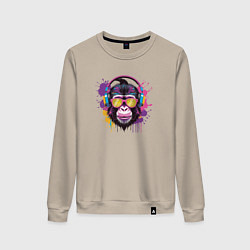 Свитшот хлопковый женский Обезьяна в очках слушает музыку, цвет: миндальный