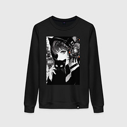 Свитшот хлопковый женский Girl with black kitten anime - cyberpunk, цвет: черный
