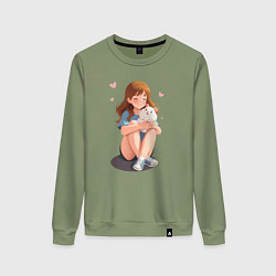 Женский свитшот Белый хомяк и счастливая девушка