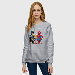 Свитшот хлопковый женский Бэтмен и человек Паук пьют пиво, цвет: меланж — фото 2