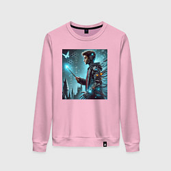 Свитшот хлопковый женский Harry Potter with a magic wand - cyberpunk, цвет: светло-розовый