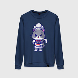 Свитшот хлопковый женский Котик на кухне, цвет: тёмно-синий
