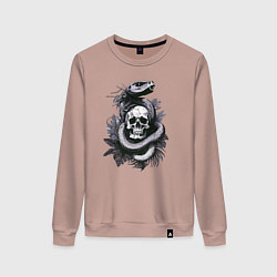 Свитшот хлопковый женский Змея обвивающая череп, цвет: пыльно-розовый