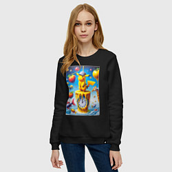 Свитшот хлопковый женский Funny Pikachu and fishes - surrealism, цвет: черный — фото 2