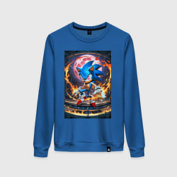 Свитшот хлопковый женский Соник на фоне красной Луны, цвет: синий