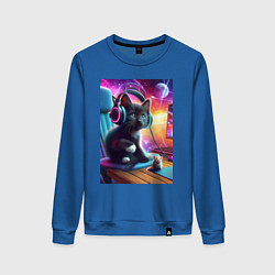 Свитшот хлопковый женский Котёнок в наушниках и мышка, цвет: синий