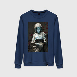 Свитшот хлопковый женский Античная статуя с планшетом, цвет: тёмно-синий