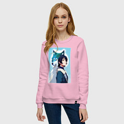 Свитшот хлопковый женский Мечтательная девчонка и волк - нейроарт, цвет: светло-розовый — фото 2