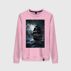 Свитшот хлопковый женский Пиратский корабль в шторм, цвет: светло-розовый