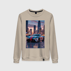 Свитшот хлопковый женский Суперкар на фоне небоскребов, цвет: миндальный