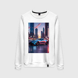Свитшот хлопковый женский Суперкар на фоне небоскребов, цвет: белый