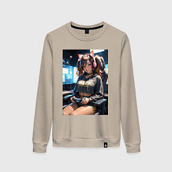 Свитшот хлопковый женский Девушка-стимер в наушниках с ушками, цвет: миндальный