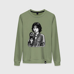 Свитшот хлопковый женский Игра в кальмара игрок 067 с маской, цвет: авокадо