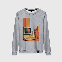 Свитшот хлопковый женский Рыжий кот сидит у старого компьютера ретро поп-арт, цвет: меланж