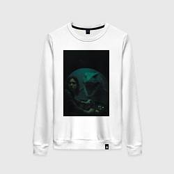 Свитшот хлопковый женский Нападение Тилозавра на батискаф с девушкой ужасы, цвет: белый