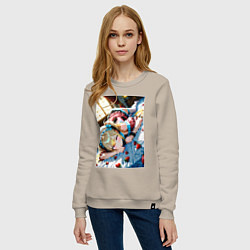 Свитшот хлопковый женский Девушка окруженная клубникой, цвет: миндальный — фото 2