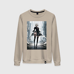 Свитшот хлопковый женский Девушка-андроид с катанами посреди руин, цвет: миндальный