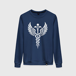 Свитшот хлопковый женский Крылатый кадуцей, цвет: тёмно-синий