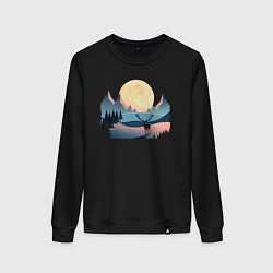 Свитшот хлопковый женский Горы, луна и олень, зимний пейзаж, цвет: черный