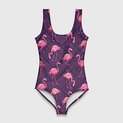 Купальник-боди 3D женский Фиолетовые фламинго, цвет: 3D-принт