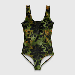 Купальник-боди 3D женский Темные тропические листья, цвет: 3D-принт