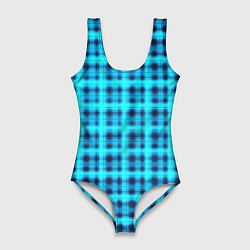 Купальник-боди 3D женский Неоновый узор в клеточку Голубая клетка Светящиеся, цвет: 3D-принт