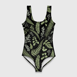 Женский купальник-боди Зелёные листья папоротника на черном фоне