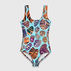 Женский купальник-боди Разноцветные камушки, цветной песок, пальмовые лис