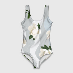Купальник-боди 3D женский Цветы Белые С Полосами, цвет: 3D-принт