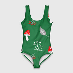 Купальник-боди 3D женский Грибочки на зеленом фоне, паттерн, цвет: 3D-принт