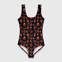 Женский купальник-боди Красные Божьи коровки на черном фоне ladybug