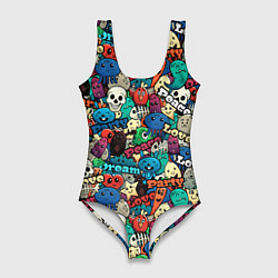 Купальник-боди 3D женский Граффити черепа и рожицы, цвет: 3D-принт
