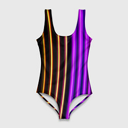 Купальник-боди 3D женский Неоновые линейные фонари - Фиолетовый, цвет: 3D-принт