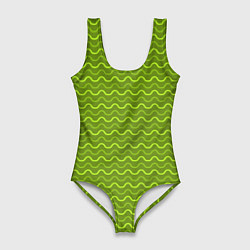 Женский купальник-боди Зеленые светлые и темные волнистые полосы