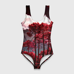 Женский купальник-боди Абстрактные красные деревья и облака